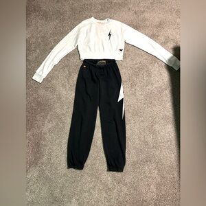 Aviator Nation white cropped sweatshirt with lightning bolt, matching sweatpants